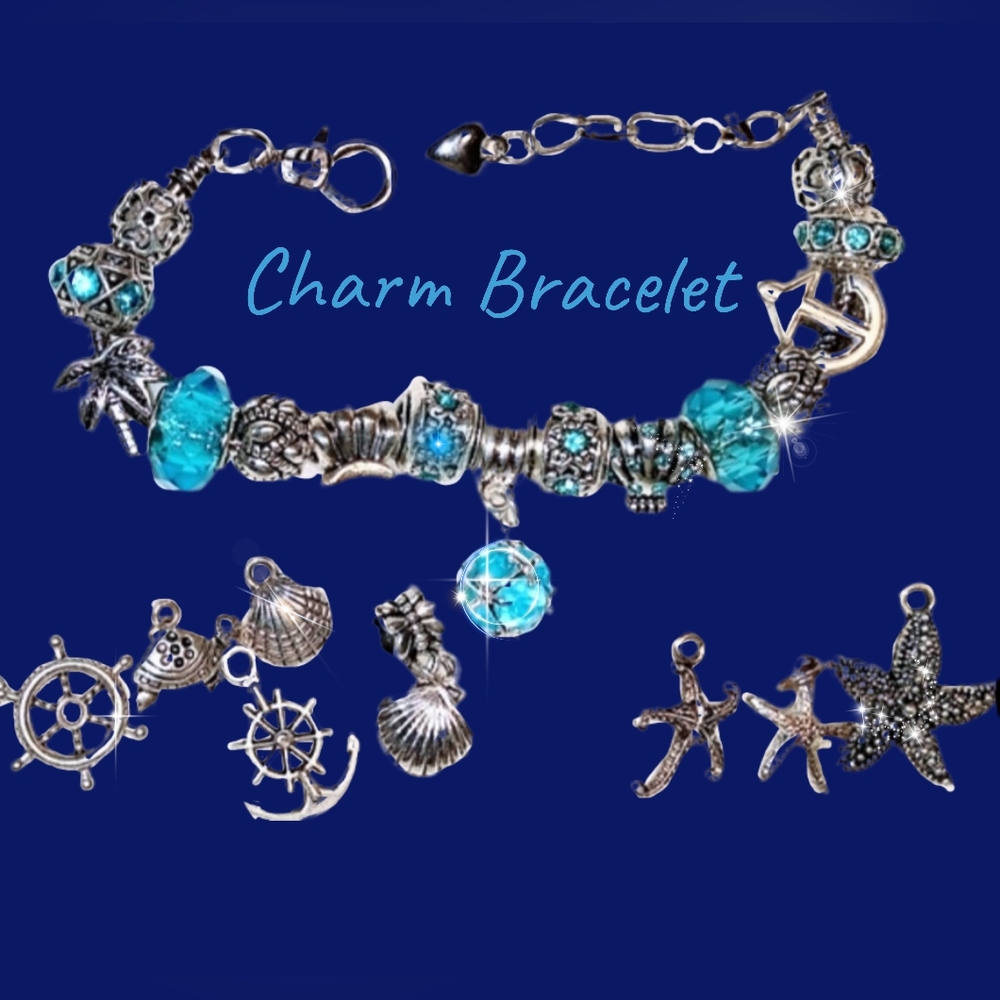 Sea-n-Sand Theme Bead Charm Bracelet Turtle, Anchor, Starfish, Seashells